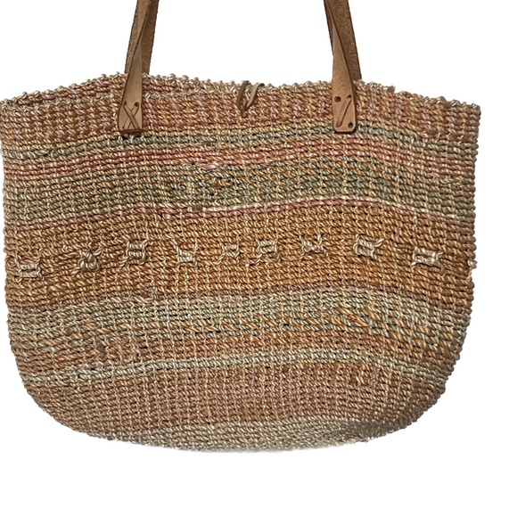 Woven Sisal String Shoulder Bag  with Leather Straps Beige Orange Button Closure - Picture 3 of 8